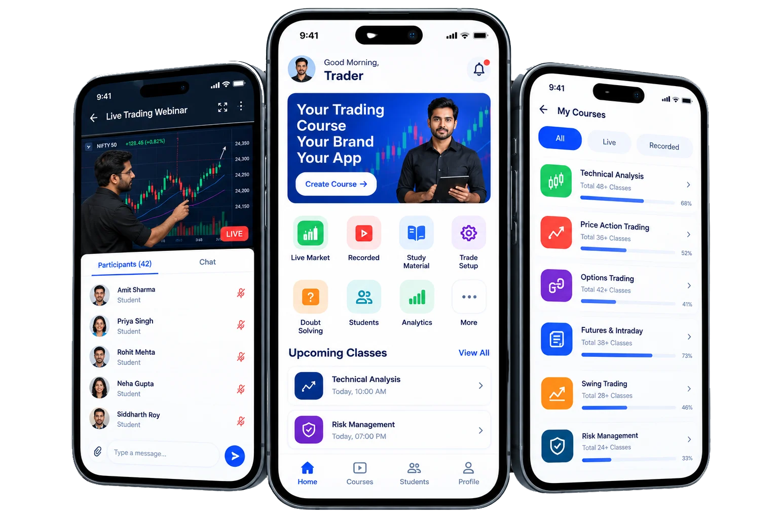 Online teaching app displaying course listings, recorded lessons and a student learning dashboard